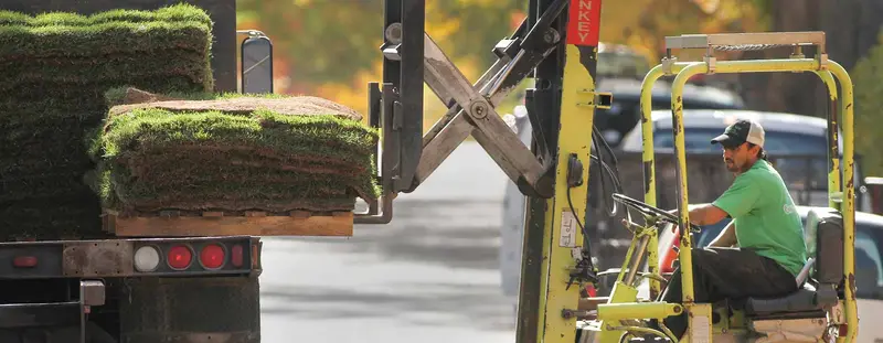 Our crew loading pallets of sod onto a truck