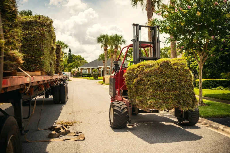 The Grass DFW crew laying rolls of fresh sod in front of a new brick house