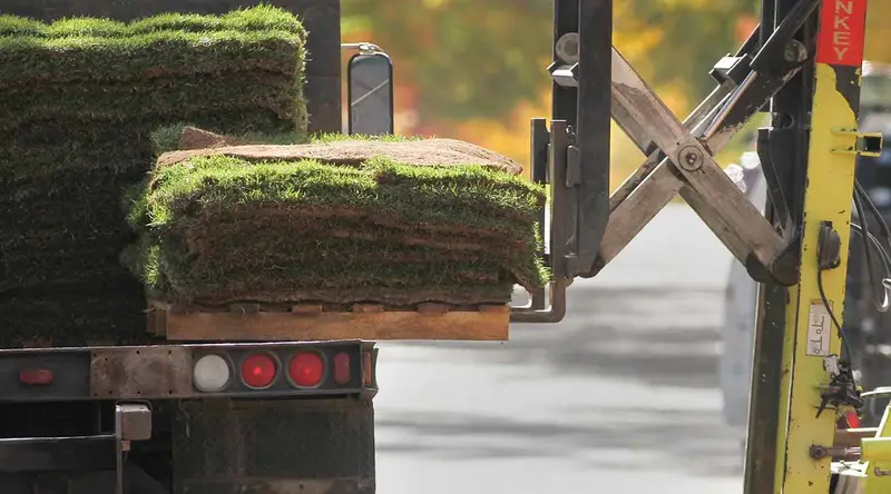 A pallet of sod coming off the Grass DFW truck on a forklift, more pallets stacked on the bed