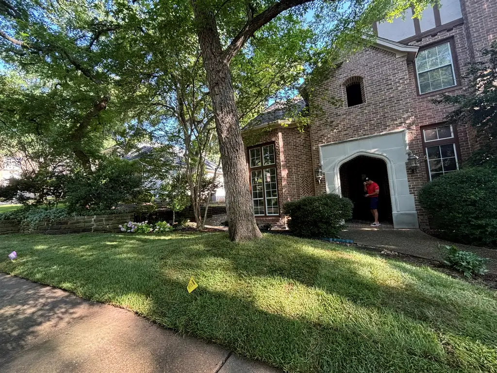 A front lawn Grass DFW laid with fresh-cut sod, in front of a brick house