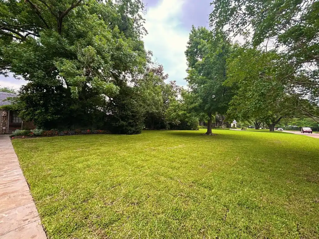 Un jardín amplio instalado por Grass DFW, con el zacate ya prendido bajo árboles maduros